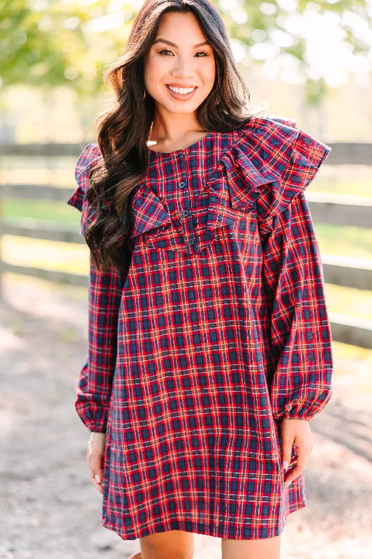 Feeling Your Best Navy Blue Plaid Shift Dress Off-shoulder unclassified dresses