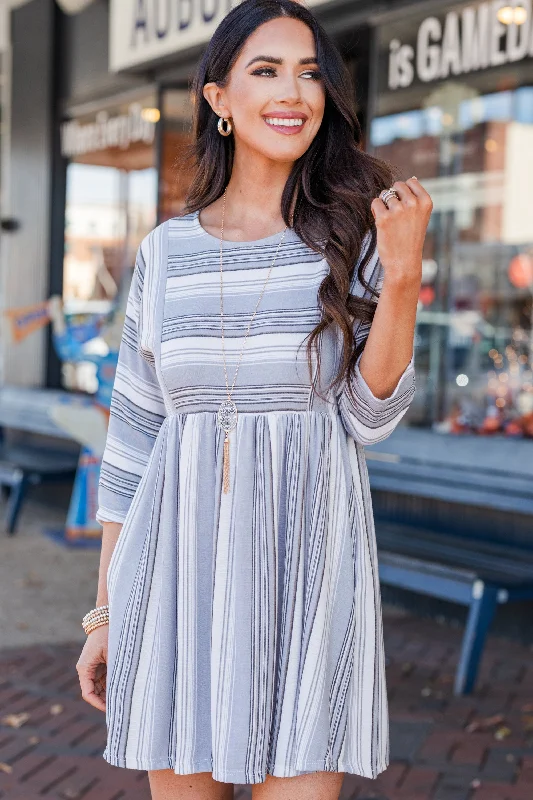 Let's Go Westward Light Gray Striped 3/4 Sleeve Dress Smocked unclassified dresses