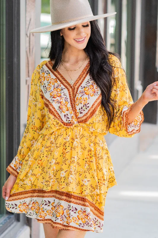 Make The News Mustard Yellow Mixed Print Dress Lace unclassified dresses