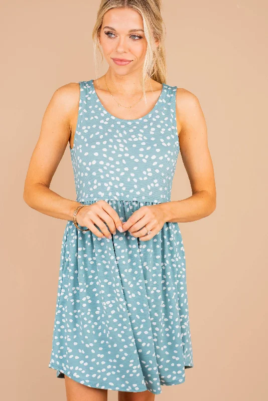 On Your Radar Dusty Blue Babydoll Dress Polka dot unclassified dresses