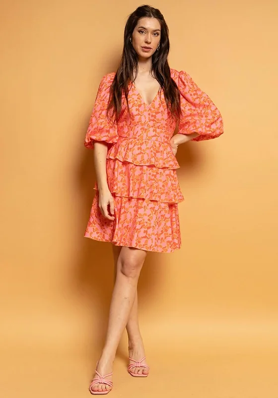 Seventy1 Bishop Sleeve Tiered Mini Dress, Orange & Pink Cute Mini Skirt