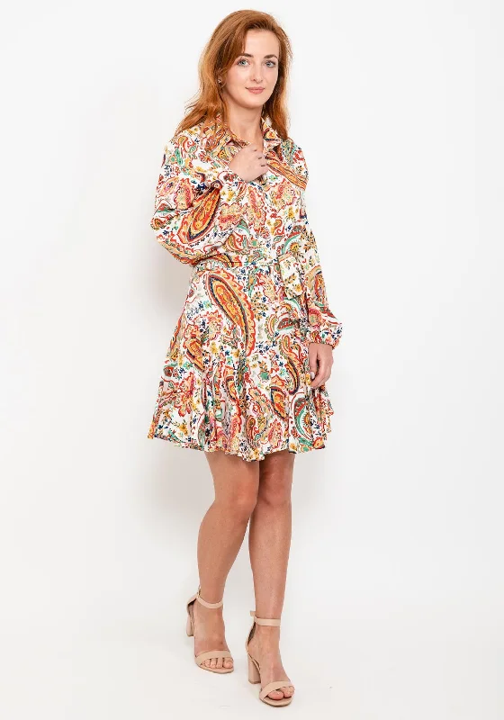 Seventy1 Paisley Pleated Mini Shirt Dress, Yellow Multi Fringed Mini Skirt