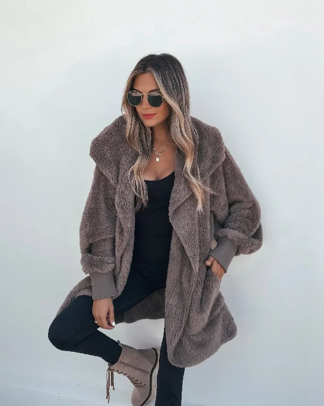 Teddy Fleece Hooded Cardigan - Brown Lace unclassified dresses