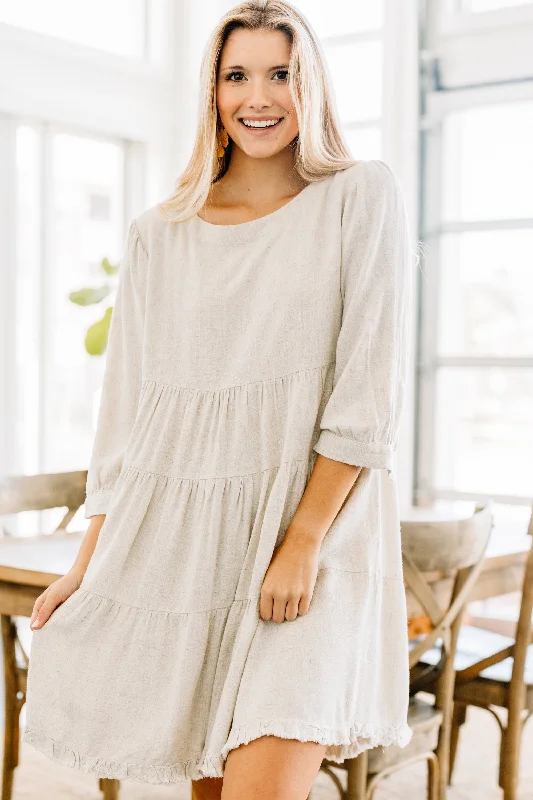 Turn To Me Oatmeal White Tiered Linen Dress Open-back unclassified dresses