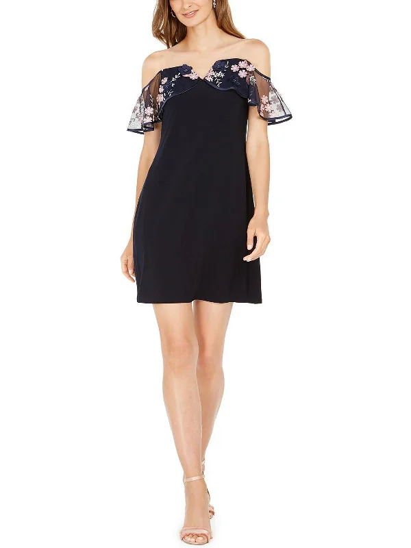 Womens Embellished Off-The-Shoulder Mini Dress A-line Mini Skirt