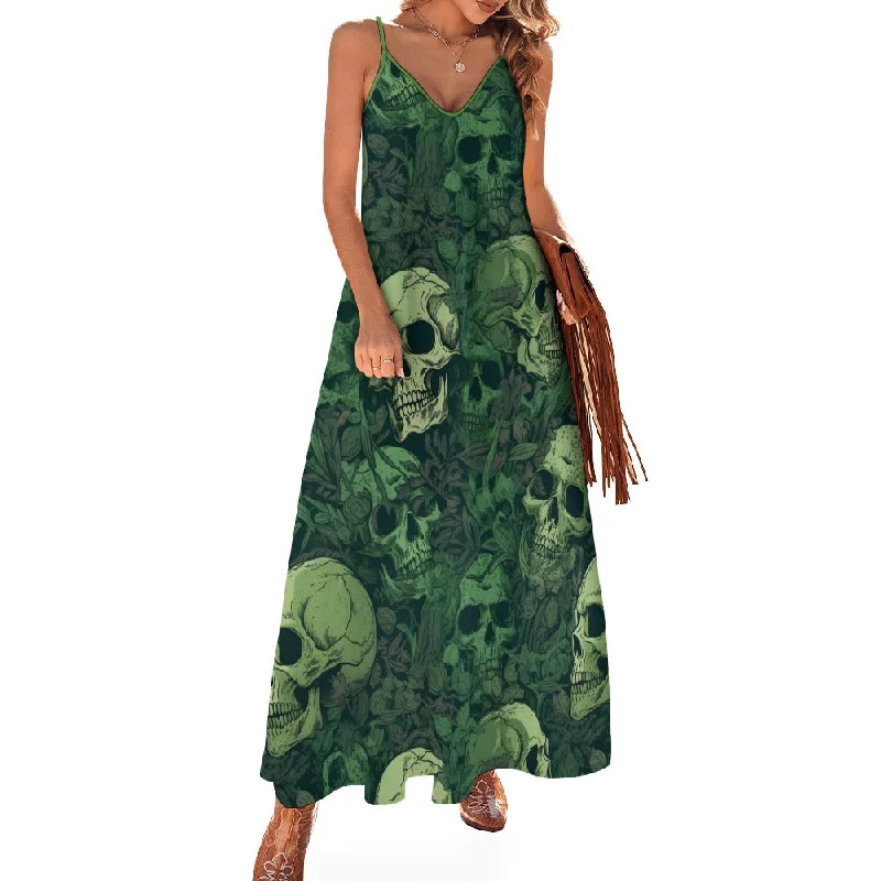 Green Skulls Sling Ankle Long Dress High-Waisted Maxi Skirt