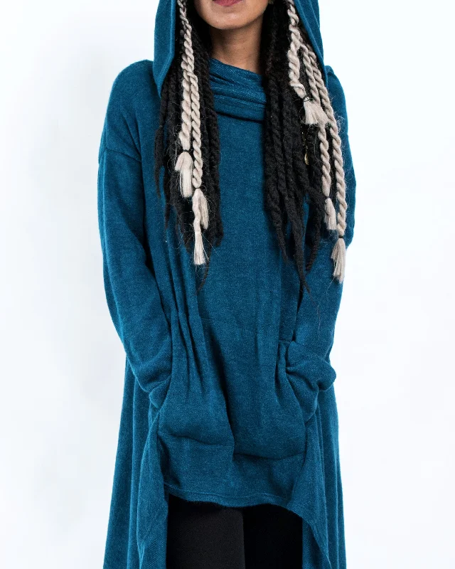 Ultra Long Hooded Sweater in Blue Casual Maxi Outfit