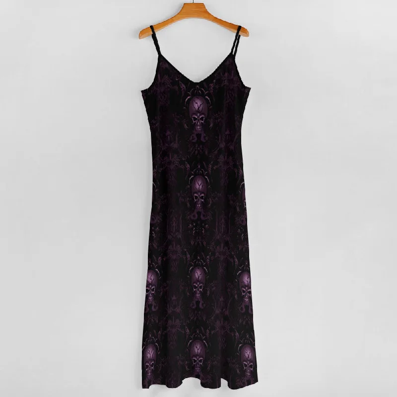 Purple Gothic Skull Sling Ankle Long Dress Soft Maxi Dress