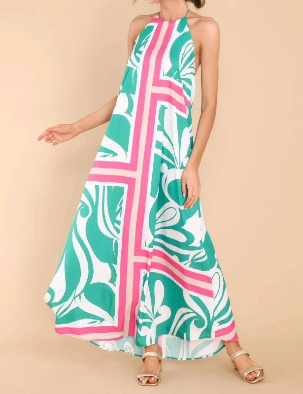 Sicilia Scarf Halter Maxi Dress In Green Front Pocket Maxi