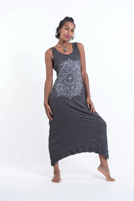 Womens Lotus Mandala Long Tank Dress in Silver on Black Summer Beach Maxi