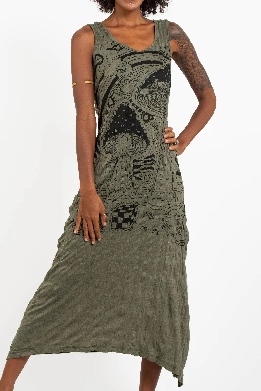 Womens Magic Mushroom Long Tank Dress in Green Midi Maxi Skirt