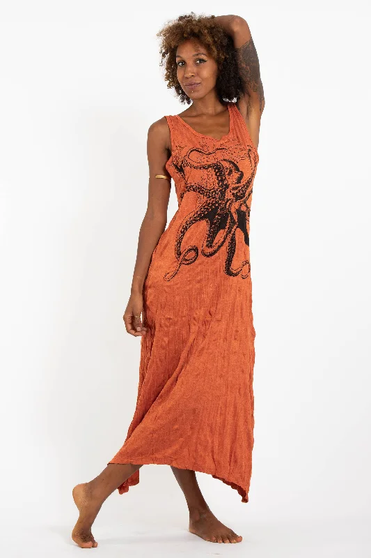 Womens Octopus Long Tank Dress in Orange Long Floral Skirt