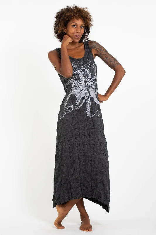 Womens Octopus Long Tank Dress in Silver on Black Fitted Maxi Skirt