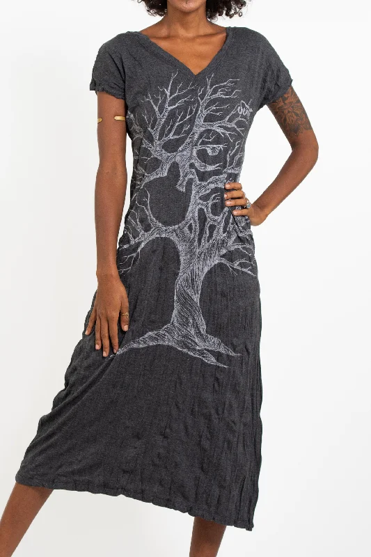 Womens Om Tree V Neck Long Dress in Silver on Black Printed Maxi Skirt