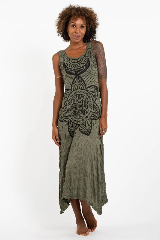 Womens Sacred Geometry Mandala Long Tank Dress in Green Lace Detail Maxi