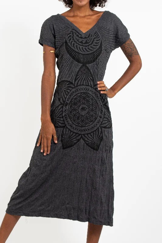 Womens Sacred Geometry Mandala V Neck Long Dress in Black Skirt with Slits