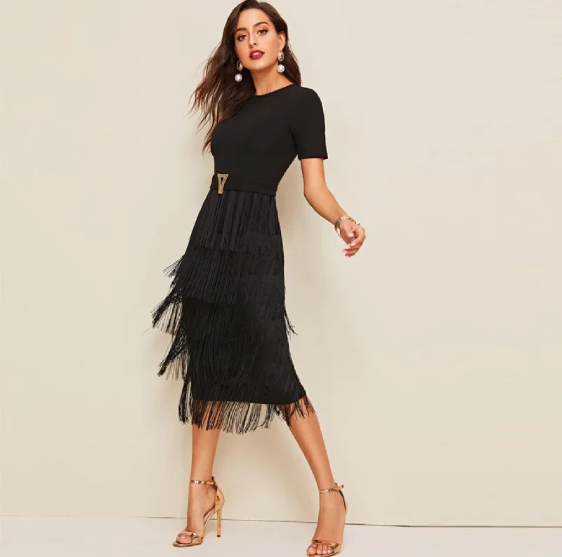 Women's Summer High-Waist Short-Sleeve Long Dress Soft Ruffled Maxi