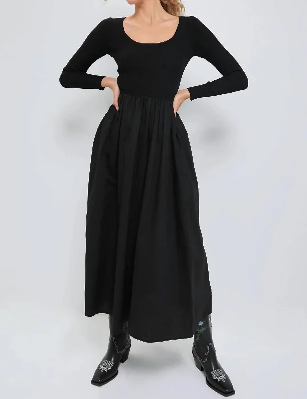 Contrast Long Sleeve Midi Dress In Black Elegant A-line Skirt