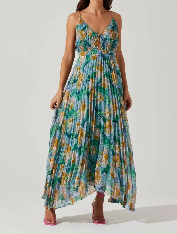 Loralee Pleated Midi Dress In Green Floral Casual Midi Skirt