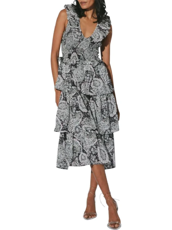 Lucy Midi Dress In Geo Print Pleated A-line Skirt