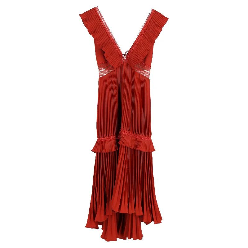 Self-Portrait Pleated Midi V-Neck Frilled Dress in Red Polyester Flowy Midi Skirt