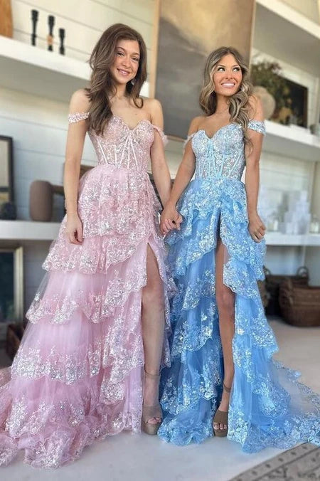 A-Line Off-Shoulder Empire With Side Slit Lace Prom Dress Lace Dress Set