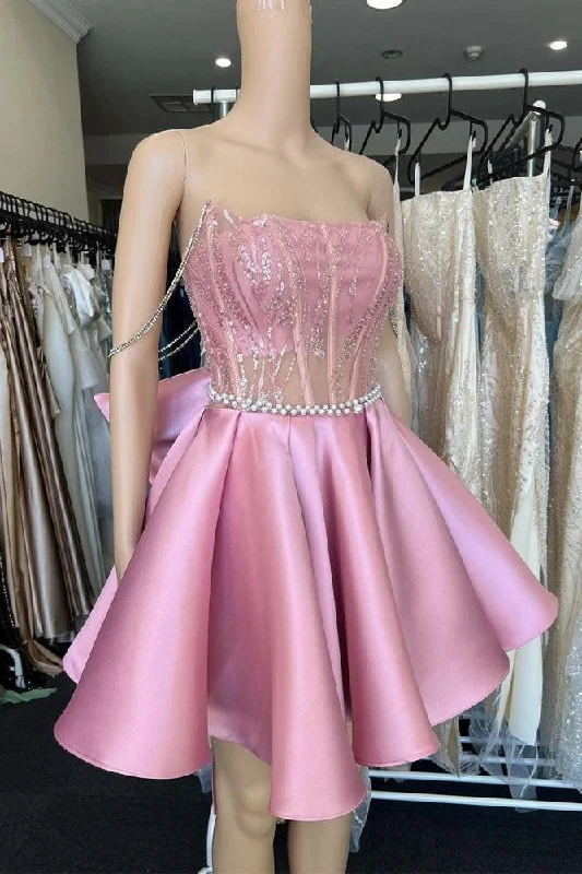 A-Line Pink Lace Off-Shoulder Bow-Back Short Homecoming Dress Lace Dress with Belt