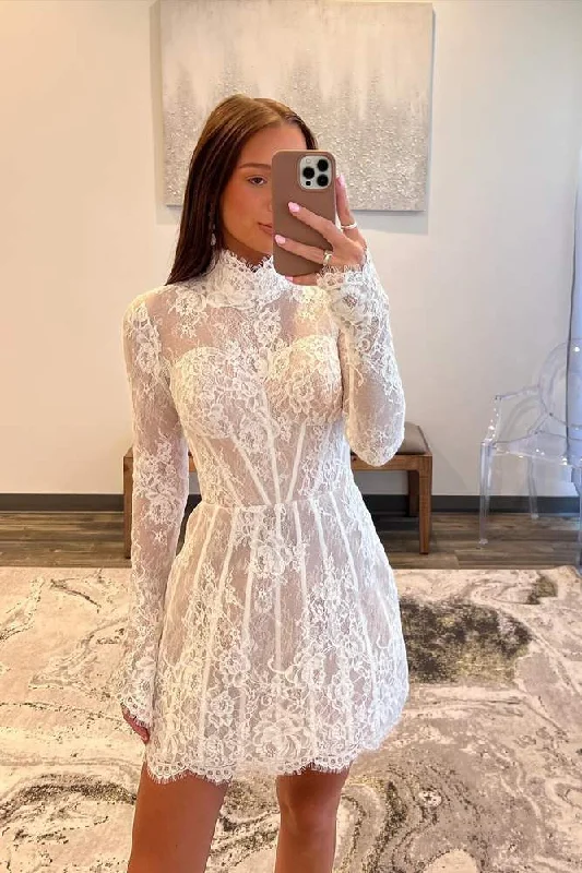 Delicate A-line High Neck Long Sleeves Appliques Short Lace Corset Dress Bohemian Lace Dress