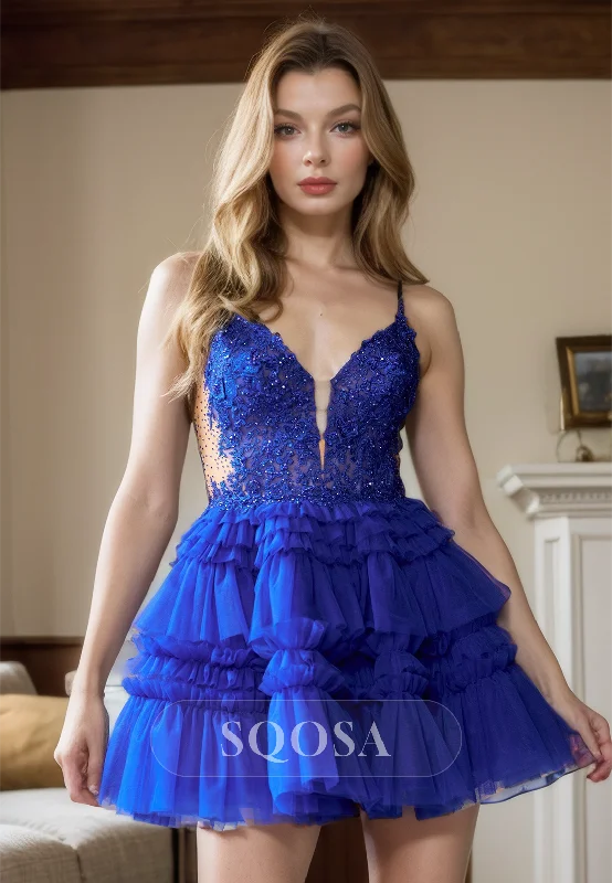 A Line Plunging V Neck Lace Appliques Blue Homecoming Dress Cute Graduation Dress Lace Party Dress