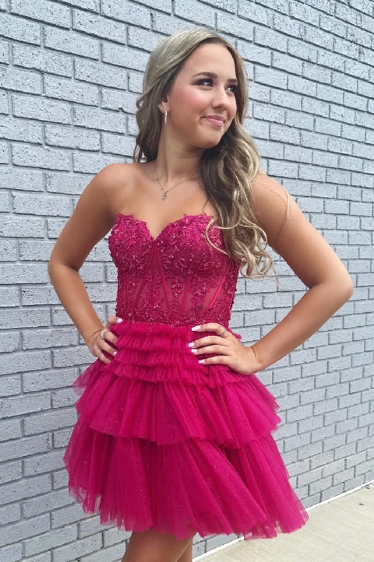 Fuchsia Lace Applique Strapless Ruffled Short Homecoming Dresses Lace Party Gown