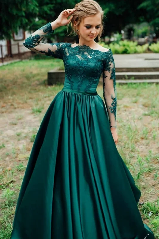 Green Off-The-Shoulder Satin Lace Long Sleeves Evening Dress,DP1105 Lace Dress Appeal