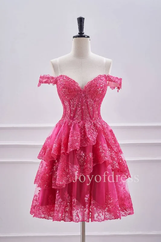 Hot Pink Lace Appliques Off the Shoulder Ruffle Homecoming Dress Lace Fit-and-Flare