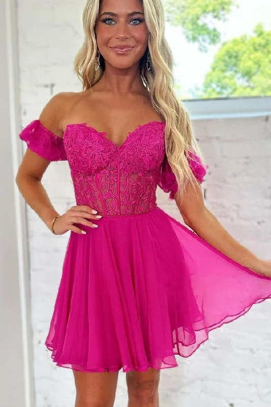 Lace Off the Shoulder A Line Homecoming Dress with Appliques Lace Dress Accent