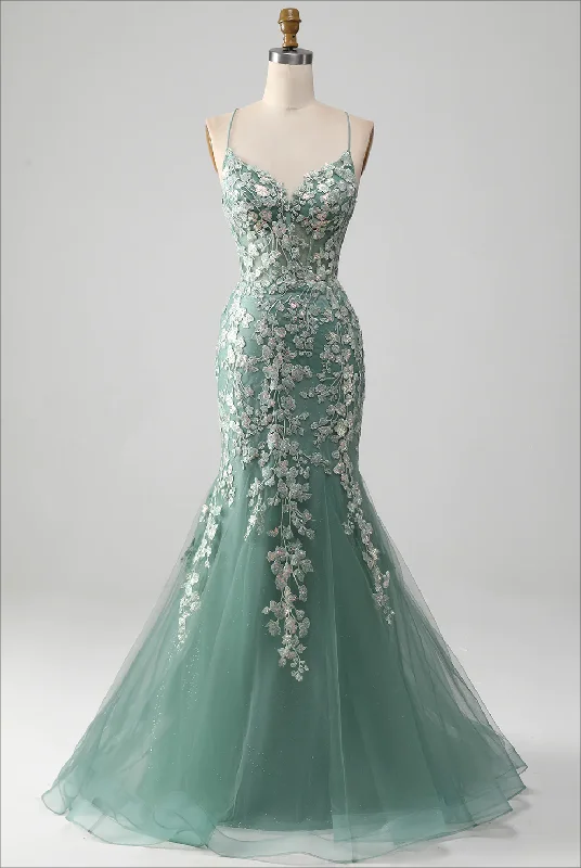 Light Green Lace-up Back Long Prom Dress With Appliques,DP1121 Lace Dress Elegance