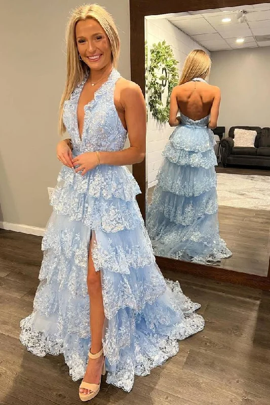 Low V-Neck Halter Open Back Tiered Lace A-Line Prom Dress Classic Lace Dress