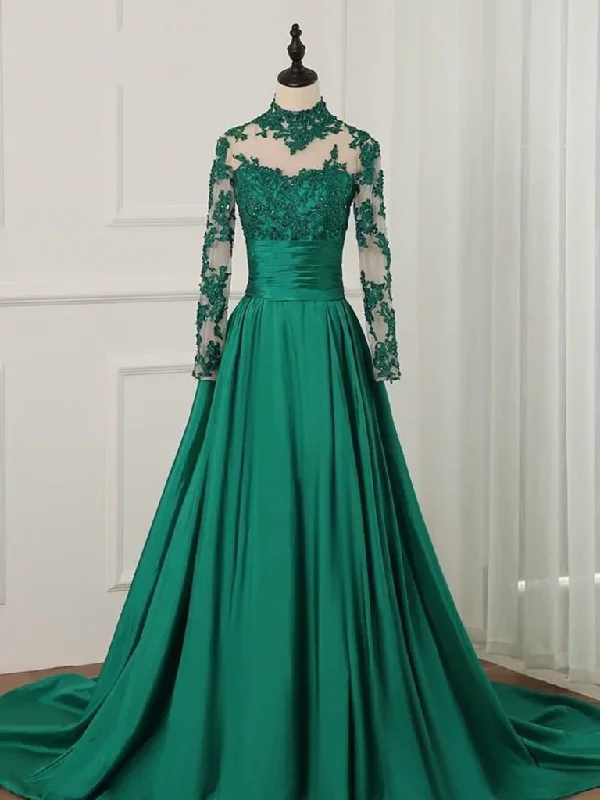 Green A-Line Long Sleeves High Neck Lace Prom Dress Formal Dress,DP1094 Full Lace Dress