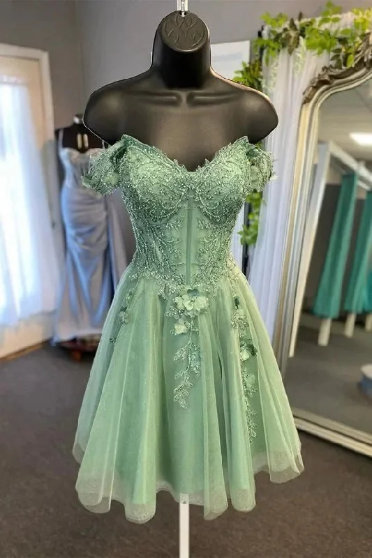 Off Shoulder Sage Green Lace Prom Dresses, Short Sage Lace Homecoming Dresses Pink Lace Dress