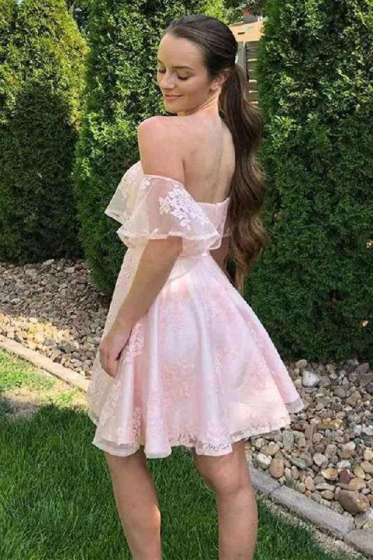 Off the Shoulder Pink Lace Short Prom Dresses Homecoming Dresses Vintage Lace Dress