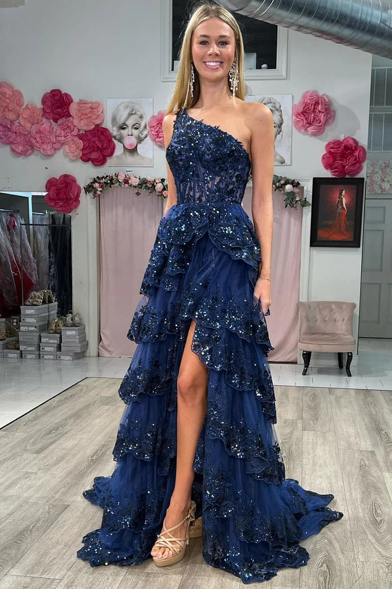 One Shoulder Sleeveless Empire With Train Lace Prom Dress Lace Dress Look