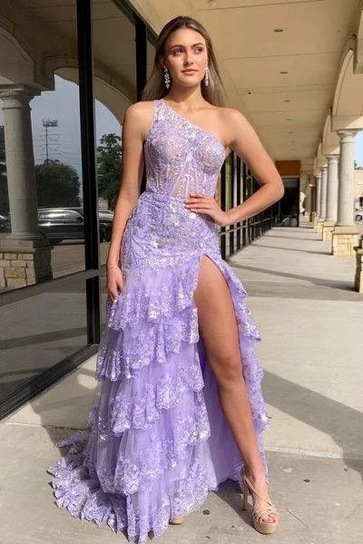 One Shoulder Sleeveless Lace Appliques Tiered Long Prom Dress Long Sleeve Lace Dress