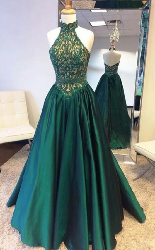 Green Elegant Halter Satin Long Prom Dress With Lace Beading,DP1144 Lace Detail Gown