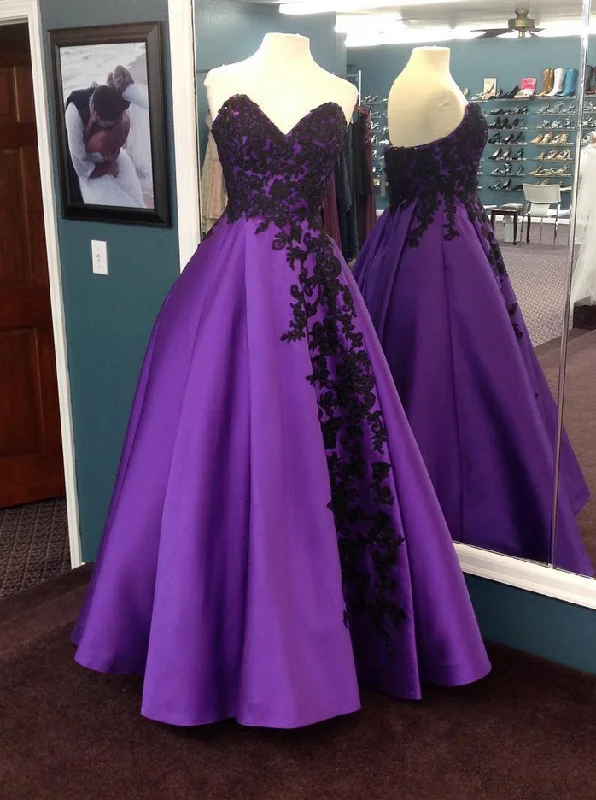 Purple Sweetheart Black Lace Appliques Long Prom Dress Ball Gowns,DP1150 Lace Dress Party