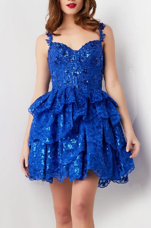 Sexy Lace A-Line Sweetheart Spaghetti Straps Tiered Homecoming Dress Lace Dress Glow