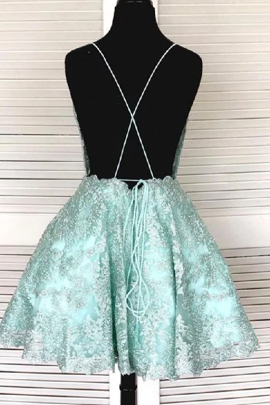 Short A-line Sleeveless Lace Open Back Formal Graduation Homecoming Dresses Sleeveless Lace Dress