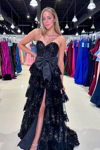 Sweetheart Lace A-Line Tiered With Side Slit Long Prom Dress Off-shoulder Lace Dress