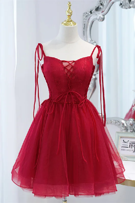 Wine Red Bow Tie Lace-Up Deep V Beaded Homecoming Dress Lace Dress Lace